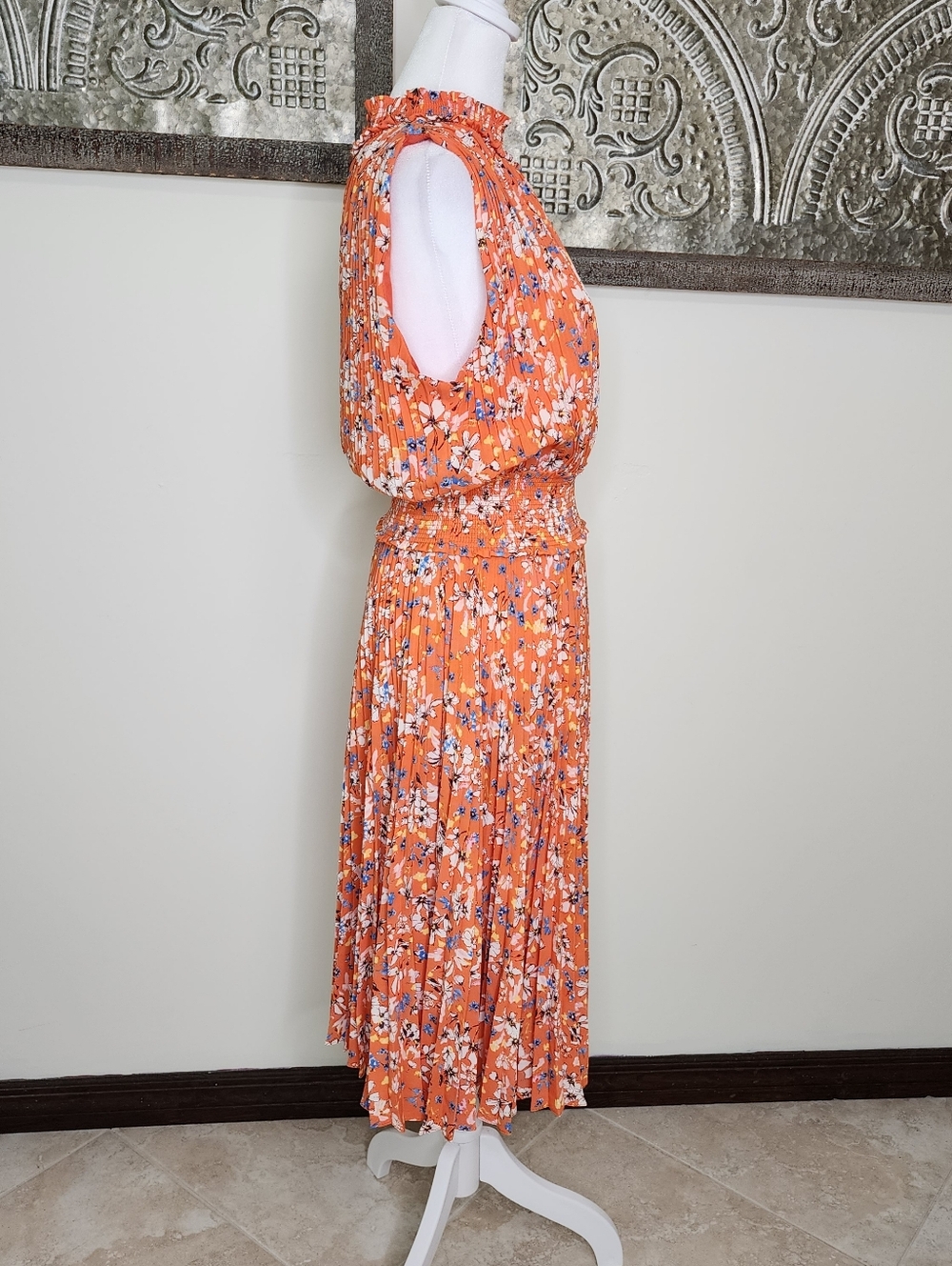 Nanette Lapore Orange Floral Pleated Sleeveless Drop Waist Midi Dress Sz12 Party - Picture 7 of 14